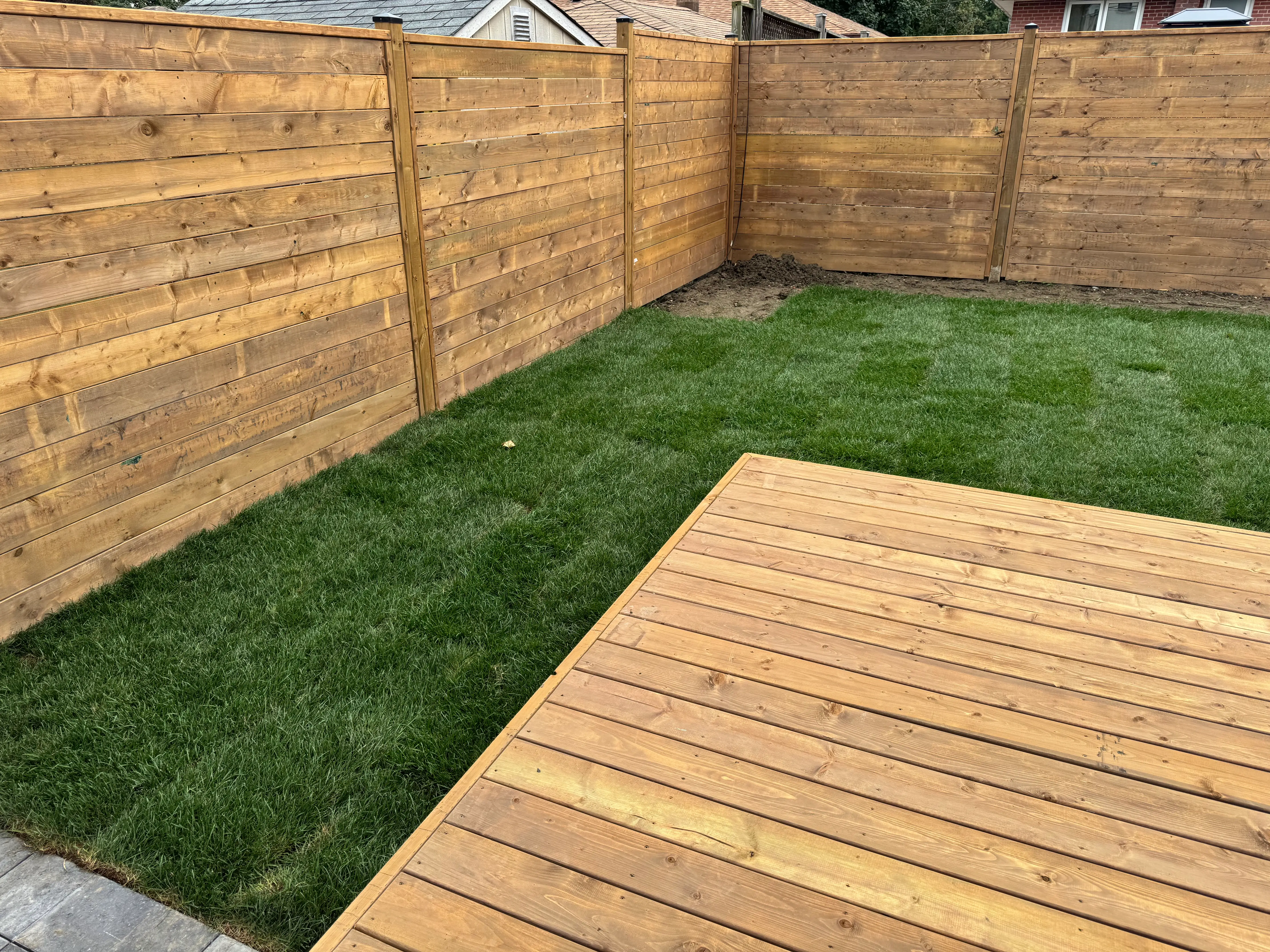 Wood privacy fence with tall trees in Toronto backyard